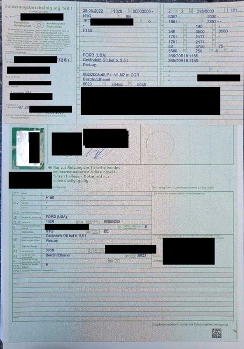 German Brief listing Ford USA F-150 with a GVW of 3500 kg
